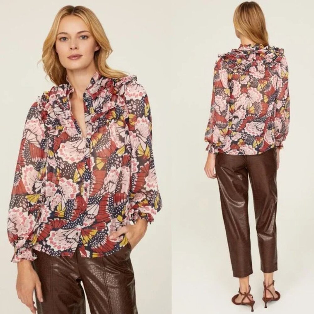 Boden Butterfly Ruffle Neck Button Front Long Sleeve Women 6 Metallic Blouse